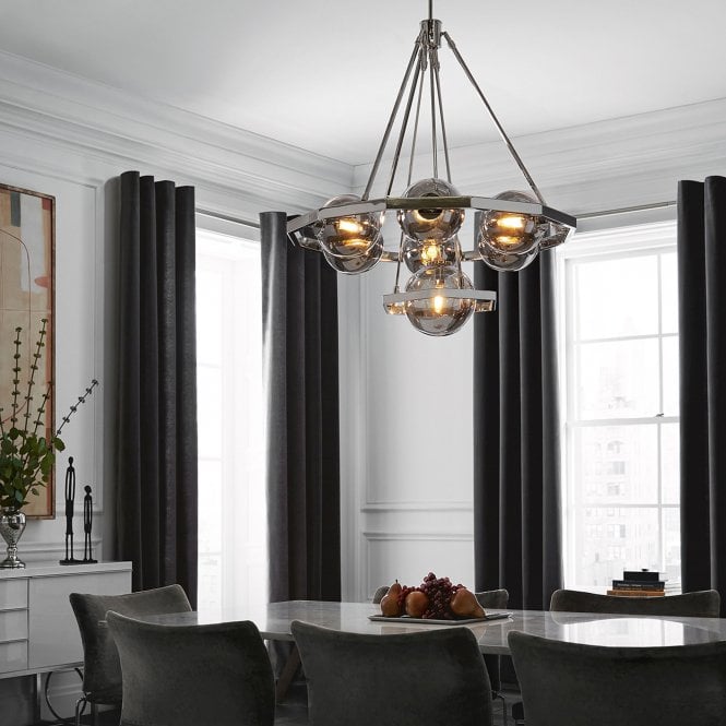 Harper 7 Light Chandelier Polished Nickel Smoked Glass